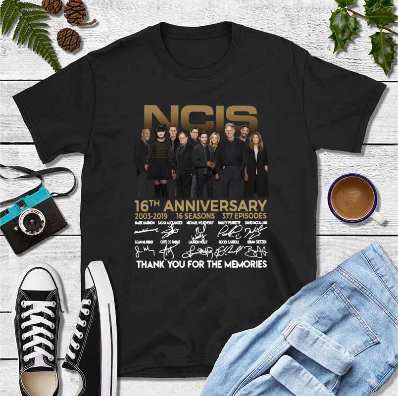 Official NCIS 16th Anniversary 2003 2019 16 Seasons 377 Episodes Thank You For The Memories Signatures shirt 4 - Official NCIS 16th Anniversary 2003 2019 16 Seasons 377 Episodes Thank You For The Memories Signatures shirt