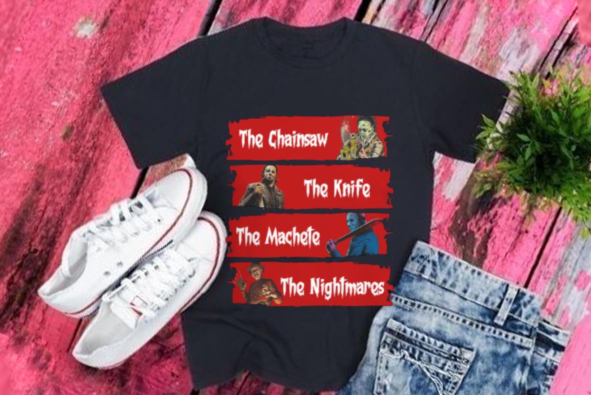Vintage Horror Characters The Chainsaw The Knife The Machete The Nightmares Shirt, Horror Chainsaw Characters Shirt