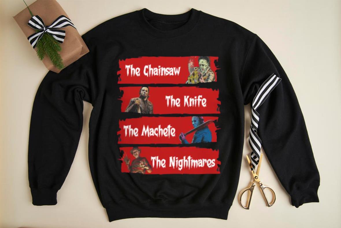 Vintage Horror Characters The Chainsaw The Knife The Machete The Nightmares Shirt, Horror Chainsaw Characters Shirt