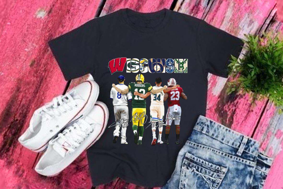 Vintage Wisconsin Rodgers Giannis And Taylor And Antetokounmpo And Ryan Braun Signatures Shirt, Giannis And Taylor Shirt