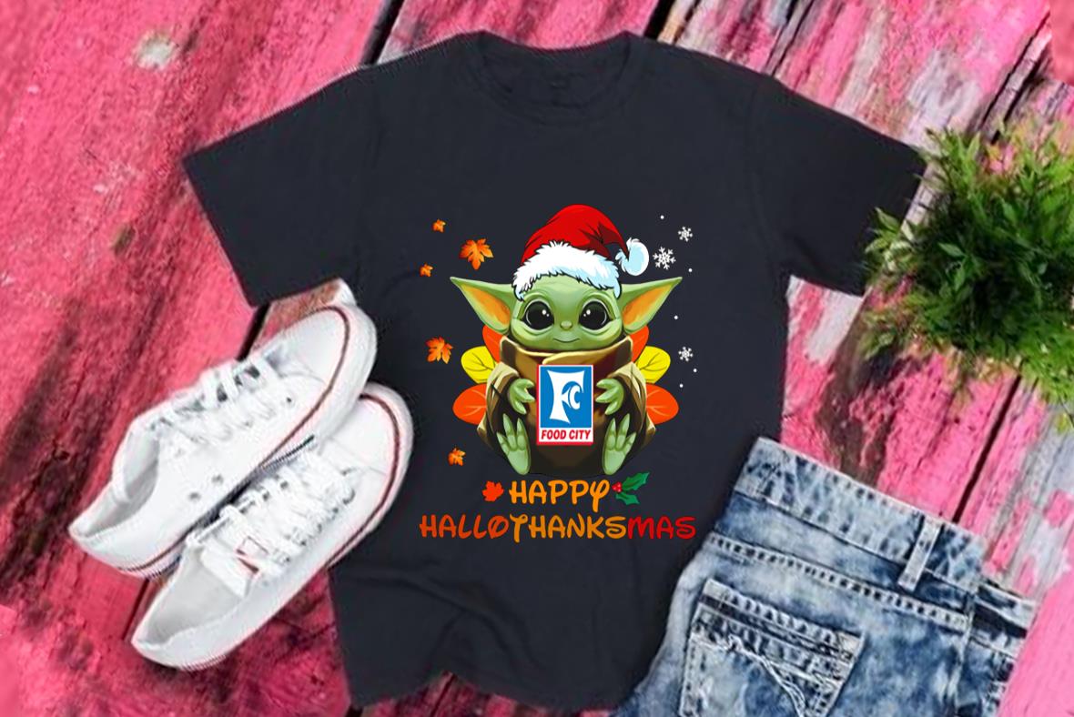 Star Wars Baby Yoda Hug Food City Logo Hallothanksmas Shirt, Santa Baby Yoda Hug Food City Logo Happy Hallothanksmas Shirt