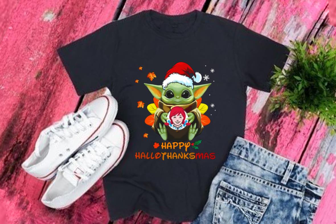 Star Wars Baby Yoda Shirt, Santa Baby Yoda Hug Wendy's Happy Hallothanksmas Shirt