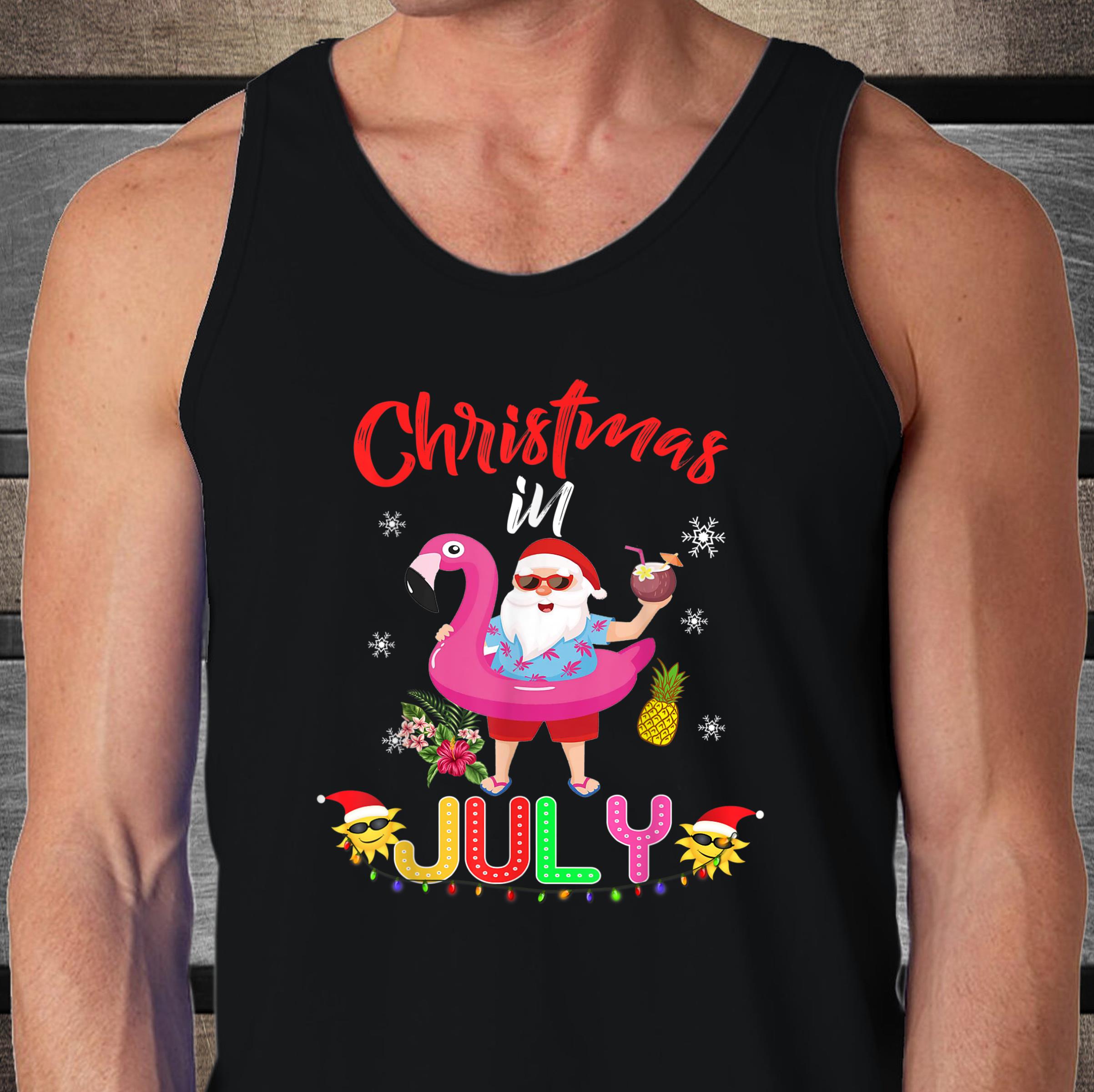 Christmas in July Santa Hawaiian flamingo Summer Beach Tank Top