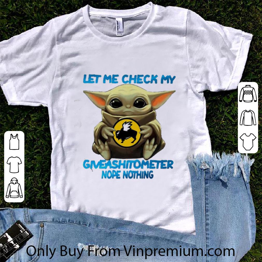 Original Star Wars Baby Yoda Hug Buffalo Wild Wings Let Me Check My Giveashitometer Nope Nothing shirt 6