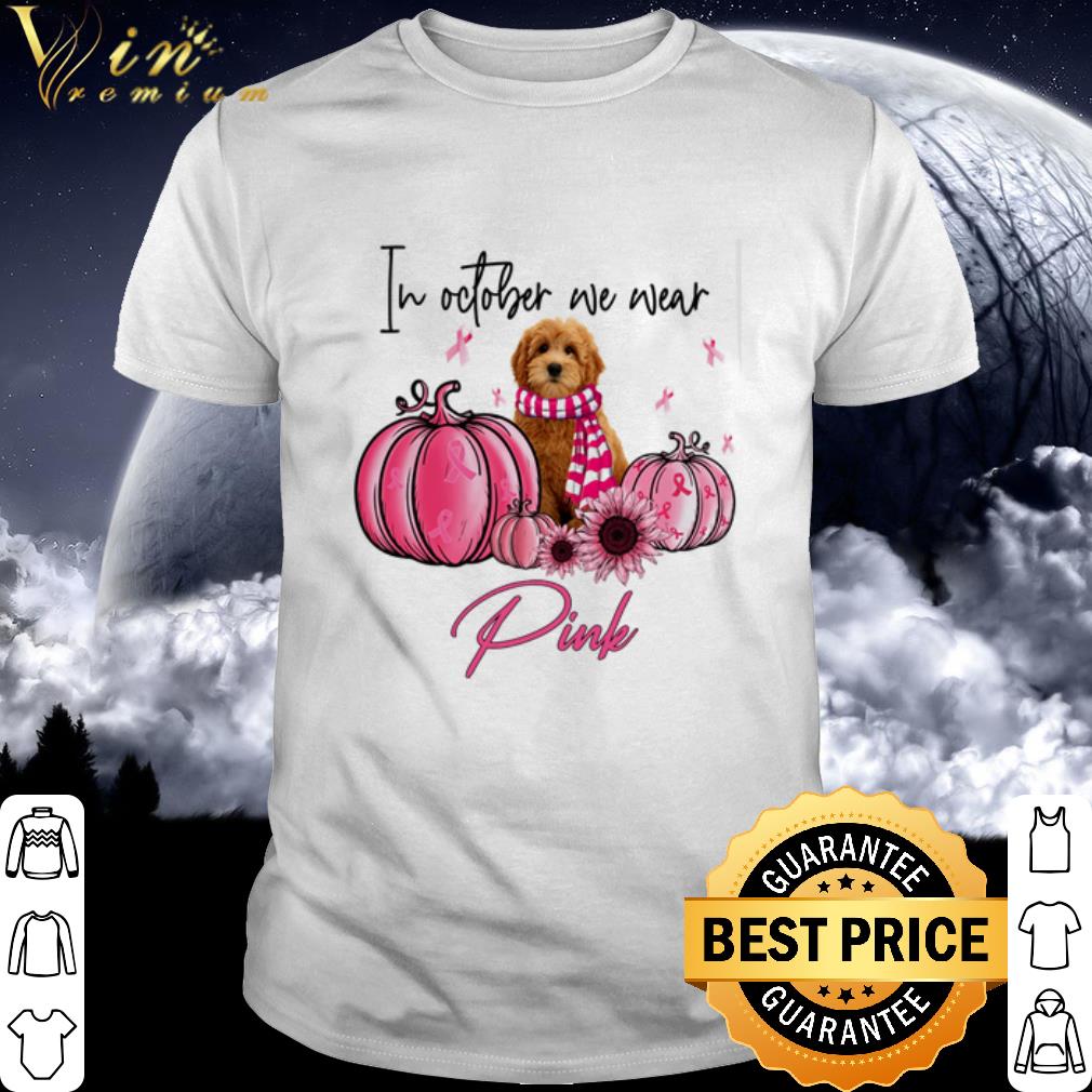 Pretty Goldendoodle in October we wear Pink Breast Cancer Pumpkin shirt 6