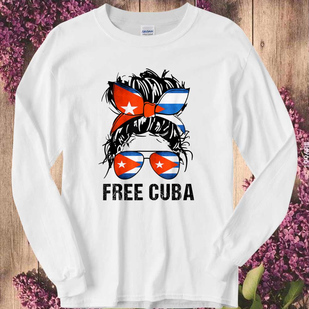 Sos Cuban T-Shirt, Messy Hair Woman Bun Free Cuba Flag Shirt