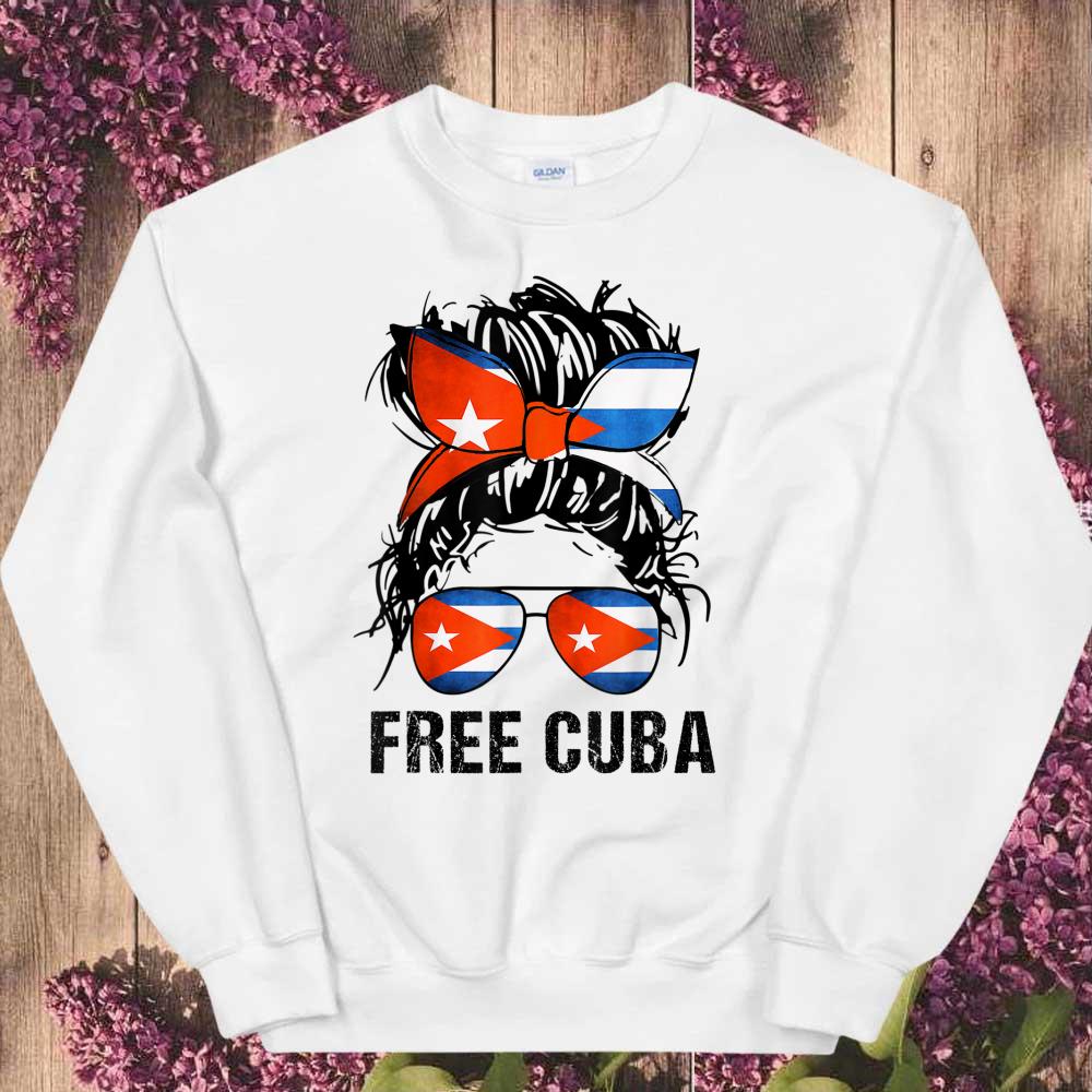 Sos Cuban T-Shirt, Messy Hair Woman Bun Free Cuba Flag Shirt