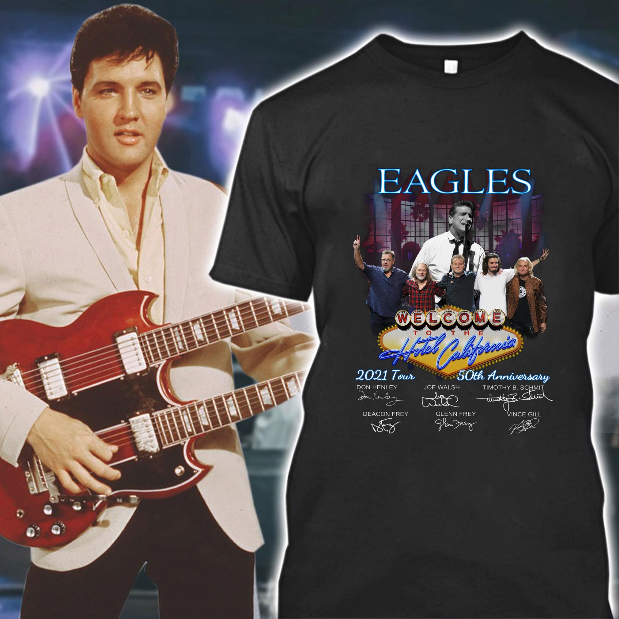 Official 50th anniversary Eagles band welcome to the Hotel Californina 2021 Tour signatures shirt 1 50th anniversary Eagles band welcome to the Hotel Californina 2021 Tour signatures shirt