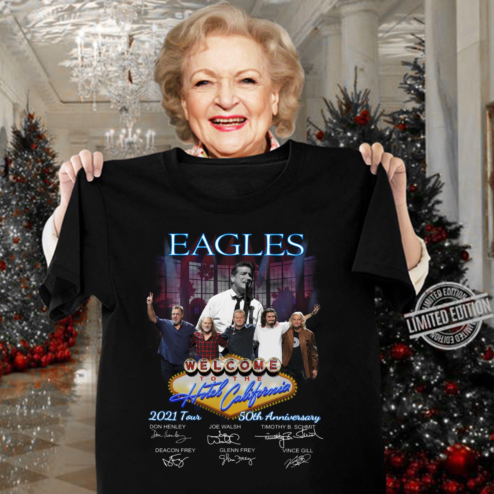 Official 50th anniversary Eagles band welcome to the Hotel Californina 2021 Tour signatures shirt 3 50th anniversary Eagles band welcome to the Hotel Californina 2021 Tour signatures shirt