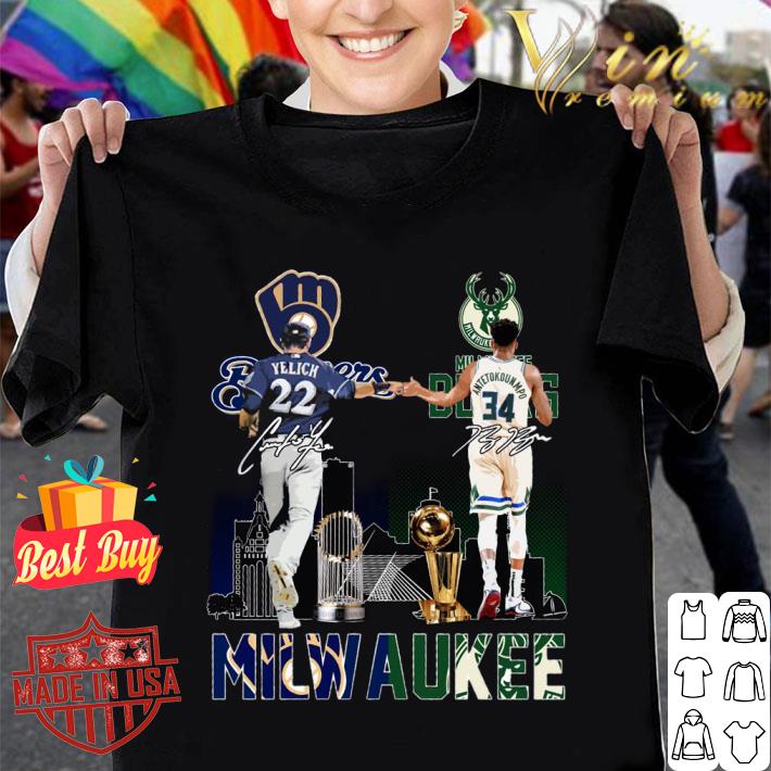 Awesome Milwaukee Sports Teams Milwaukee Bucks Milwaukee Brewers Yelich Antetokounmpo Signatures Shirt 1 Milwaukee Sports Teams Milwaukee Bucks Milwaukee Brewers Yelich Antetokounmpo Signatures Shirt