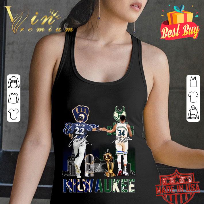 Awesome Milwaukee Sports Teams Milwaukee Bucks Milwaukee Brewers Yelich Antetokounmpo Signatures Shirt 2 Milwaukee Sports Teams Milwaukee Bucks Milwaukee Brewers Yelich Antetokounmpo Signatures Shirt