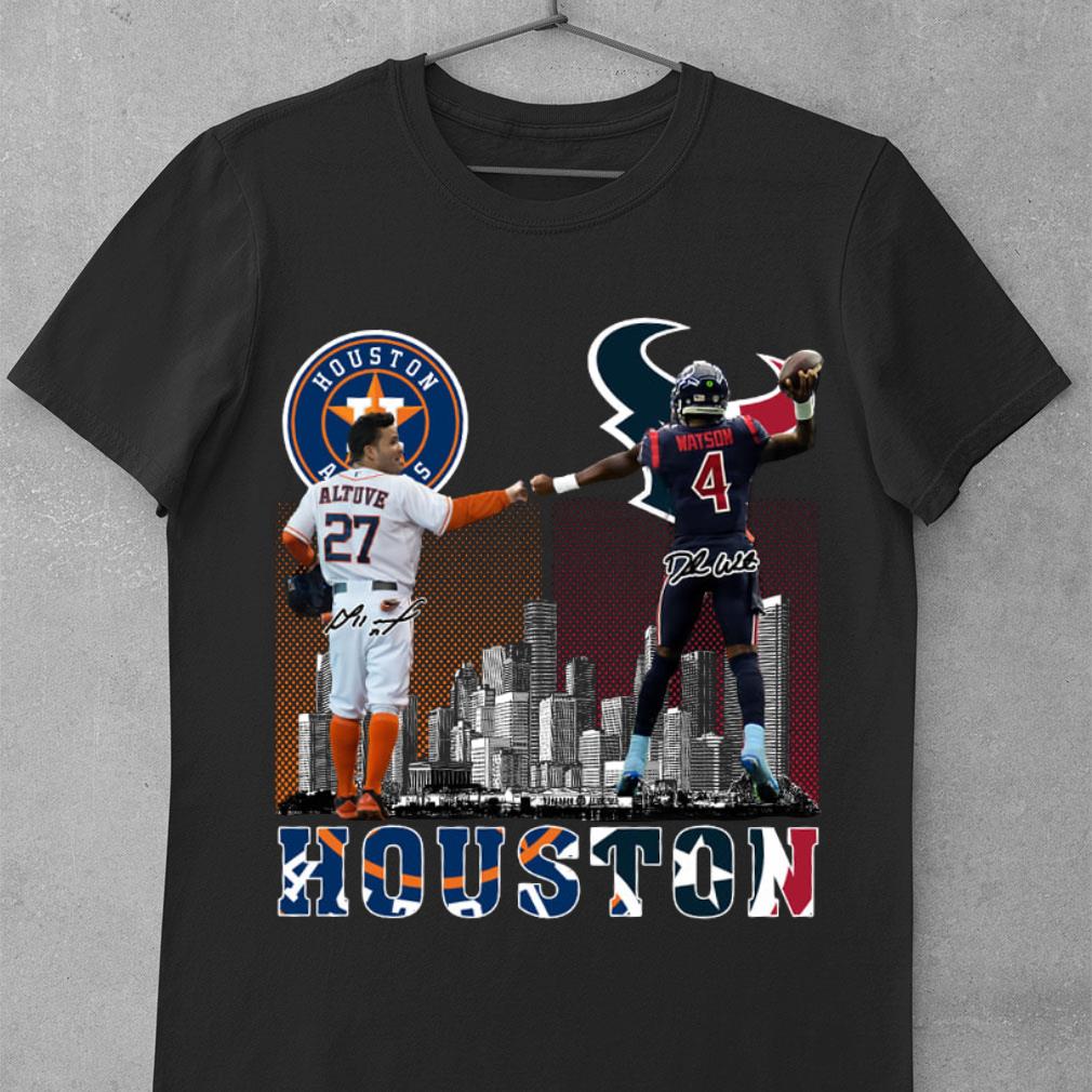 Original No. 27 Altuve Houston Astros and No. 4 Watson Houston Texans Signatures Shirt 1 No. 27 Altuve Houston Astros and No. 4 Watson Houston Texans Signatures Shirt