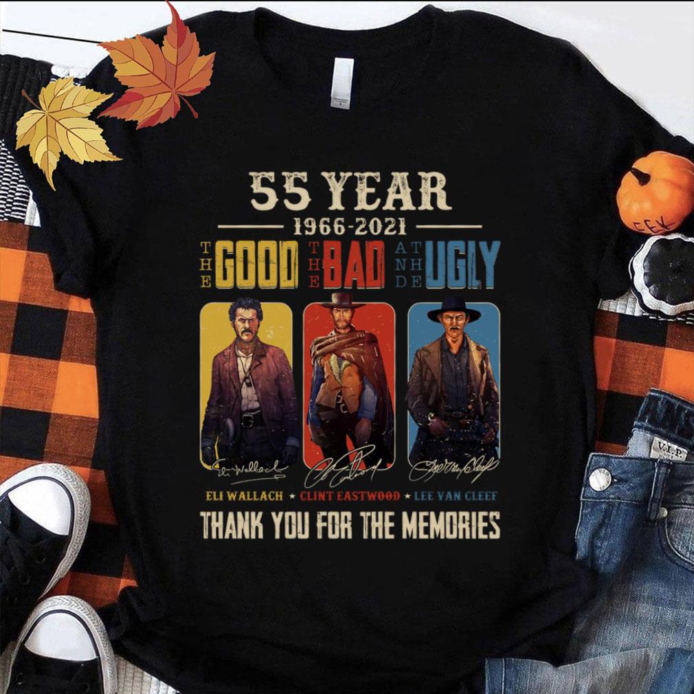 Funny The Good The Bad and The Ugly 55 Year 1966-2021 Eli Wallach Clint Eastwood Lee Van Cleef Signatures Thank Memories Shirt 1 The Good The Bad and The Ugly 55 Year 1966-2021 Eli Wallach Clint Eastwood Lee Van Cleef Signatures Thank Memories Shirt