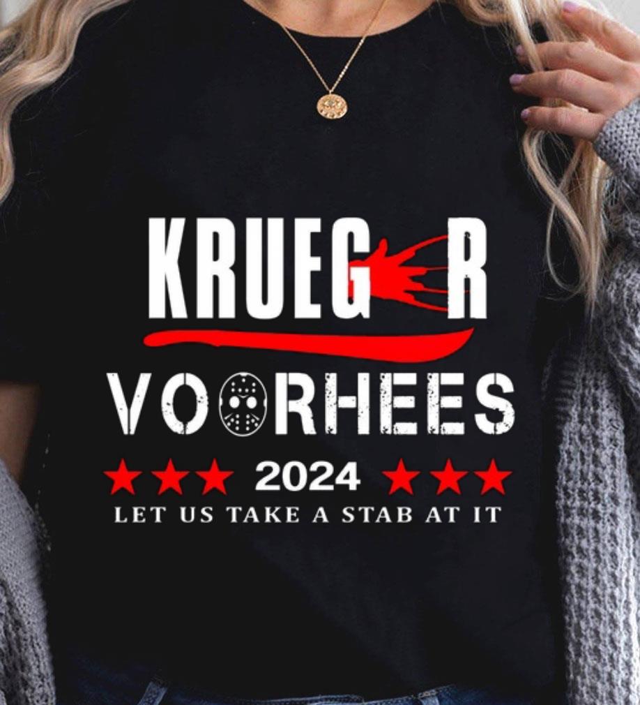 Hot Halloween Krueger Voorhees 2024 let us take a stab at it shirt, Jason Voorhees, Freddy Krueger 2 Halloween Krueger Voorhees 2024 let us take a stab at it shirt, Jason Voorhees, Freddy Krueger