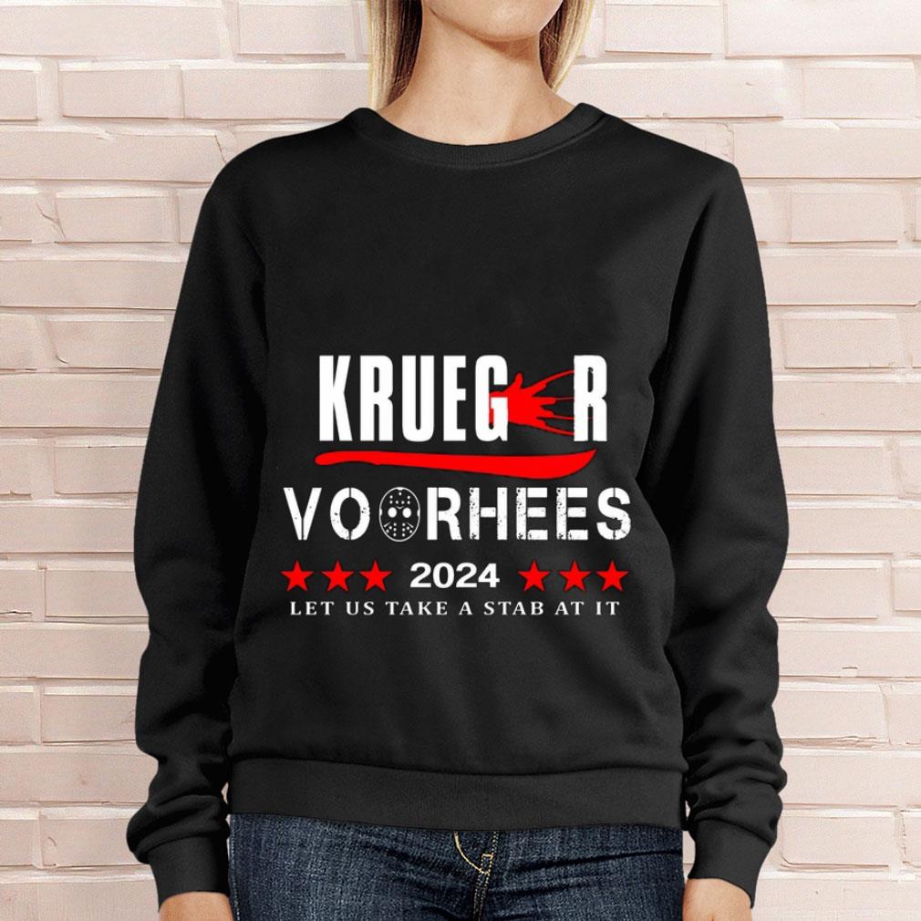 Hot Halloween Krueger Voorhees 2024 let us take a stab at it shirt, Jason Voorhees, Freddy Krueger 4 Halloween Krueger Voorhees 2024 let us take a stab at it shirt, Jason Voorhees, Freddy Krueger