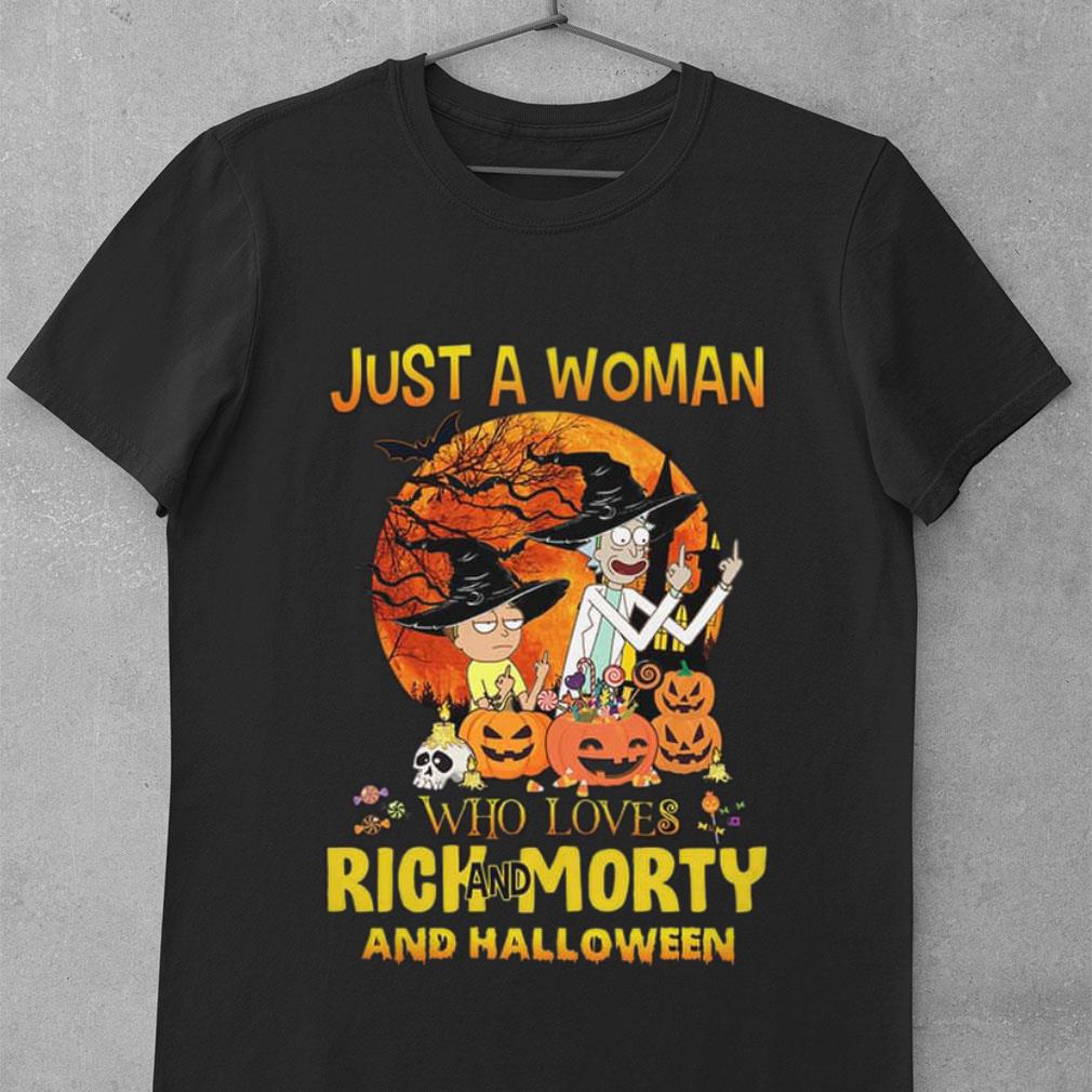 Hot Just a woman who loves Rick and Morty and halloween pumpkin witch shirt