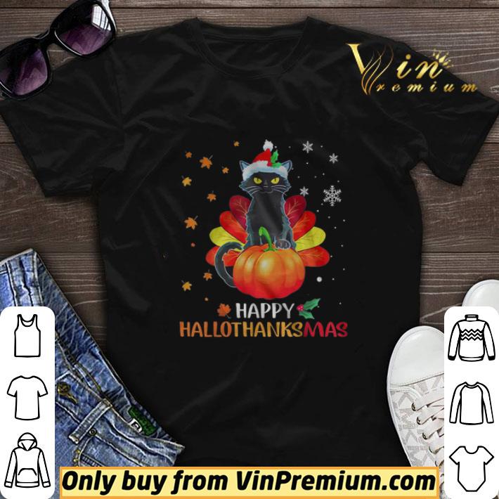 Black Cat Santa Happy Hallothanksmas Happy Halloween Thanksgiving Merry Christmas shirt sweater