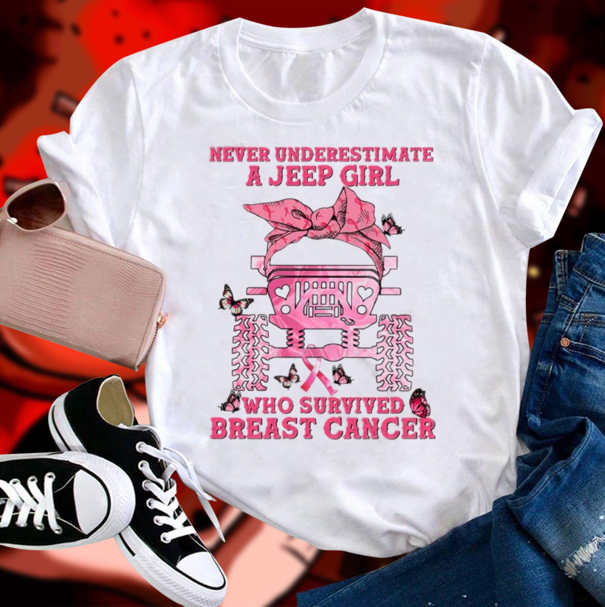 Premium Never Underestimate A Jeep Girl Who Survived Breast Cancer Awareness Shirt