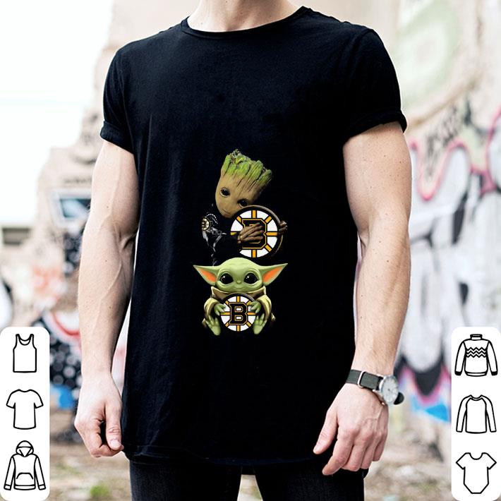 Baby Yoda and Baby Groot hug Boston Bruins shirt