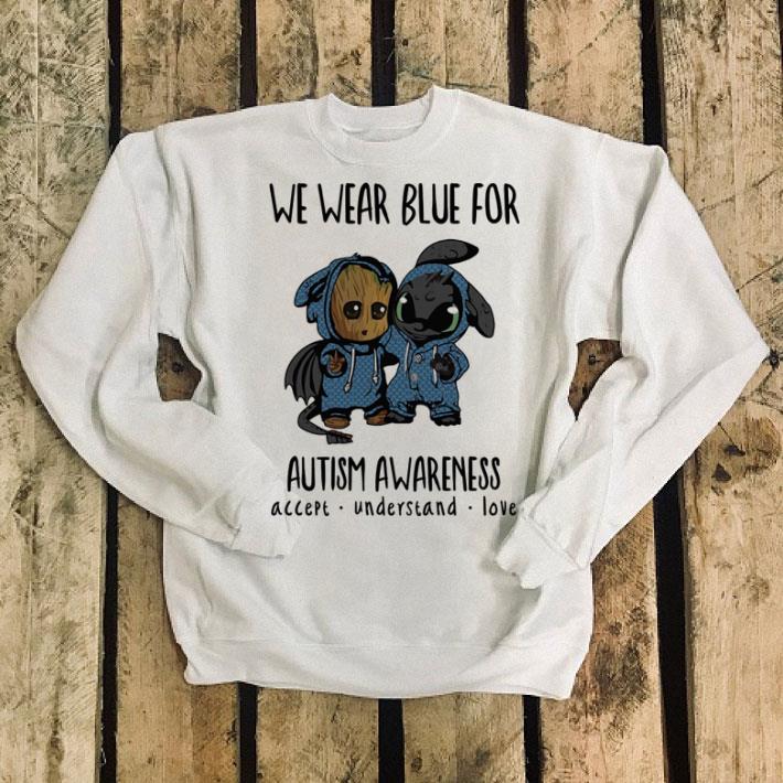 Baby Groot and Toothless We wear blue for Autism Awareness shirt 4 - Baby Groot and Toothless We wear blue for Autism Awareness shirt