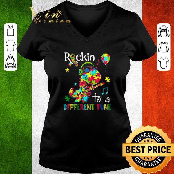 Nice Dinosaur T Rex Rockin to a different tune Autism awareness shirt