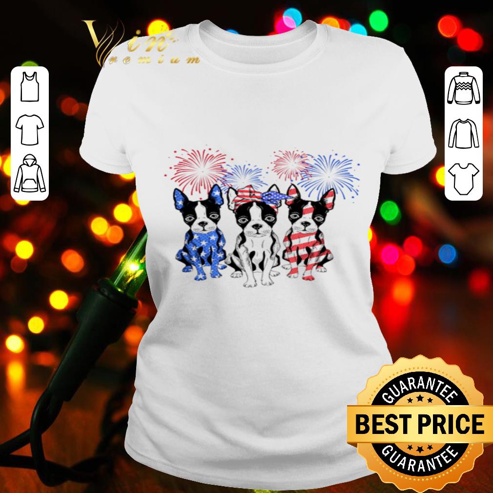 Firework Boston Terrier Blue White Red American Flag shirt