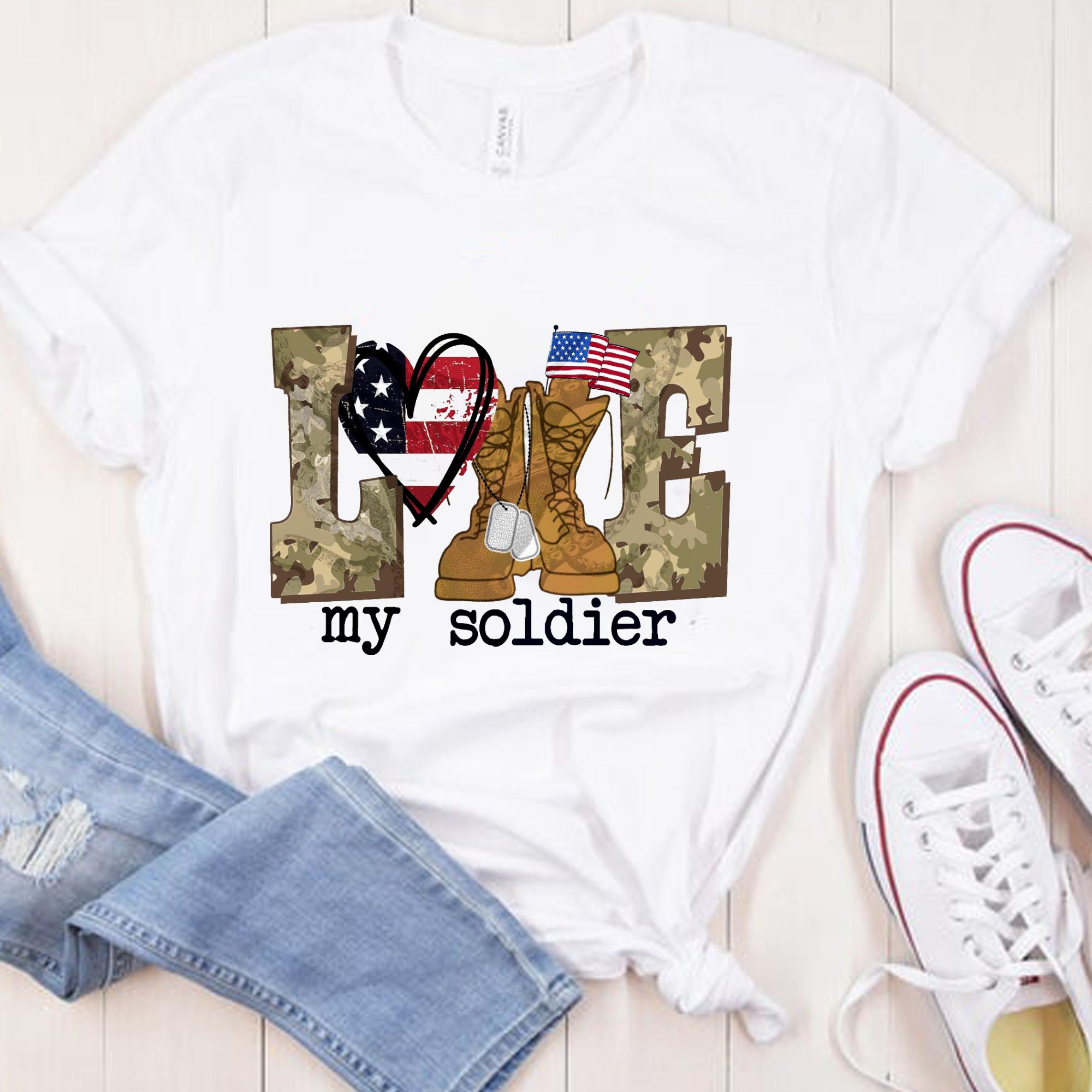 Vintage Love My Soldier USA America Camo Flag Tshirt