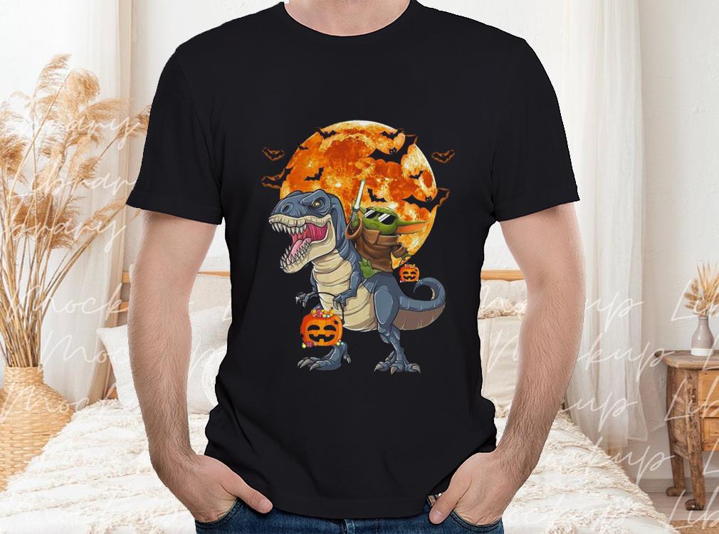 Star Wars Baby Yoda Riding Dinosaur T-rex Pumpkin Moon Halloween For Men Shirt 6