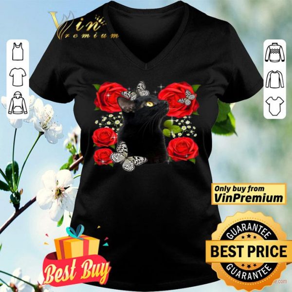 Black Cat Rose Flowers Butterfly shirt