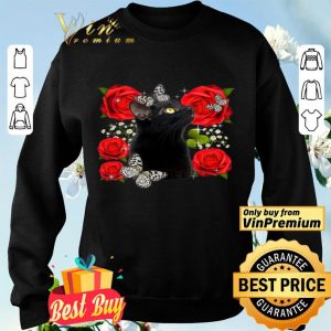 Black Cat Rose Flowers Butterfly shirt