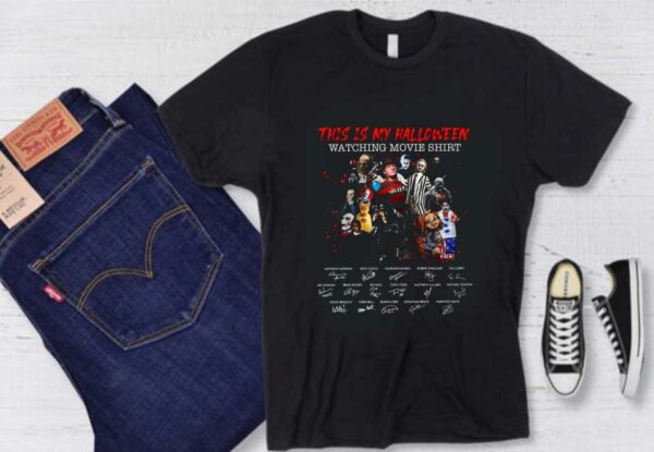 All Horror Movie Character Signatures Halloween Shirt, This Is My Halloween Watching Movie Shirt Signatures Shirt