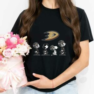 Anaheim Ducks Walking Shirt, The Peanut Character Charlie Brown And Snoopy Walking With Anaheim Ducks Logo Baseball Shirt 2