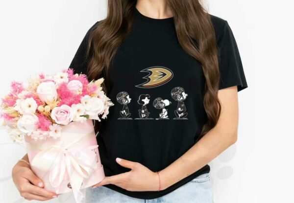 Anaheim Ducks Walking Shirt, The Peanut Character Charlie Brown And Snoopy Walking With Anaheim Ducks Logo Baseball Shirt