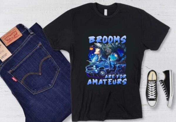 Brooms Witch And Jeeps In The Blue Forest Shirt, Brooms Are For Amateurs Blue Halloween Shirt