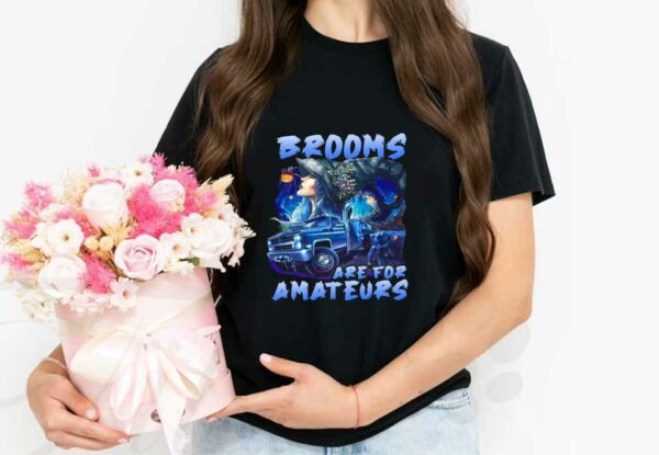 Brooms Witch And Jeeps In The Blue Forest Shirt, Brooms Are For Amateurs Blue Halloween Shirt