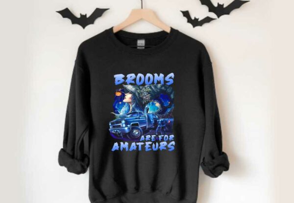 Brooms Witch And Jeeps In The Blue Forest Shirt, Brooms Are For Amateurs Blue Halloween Shirt