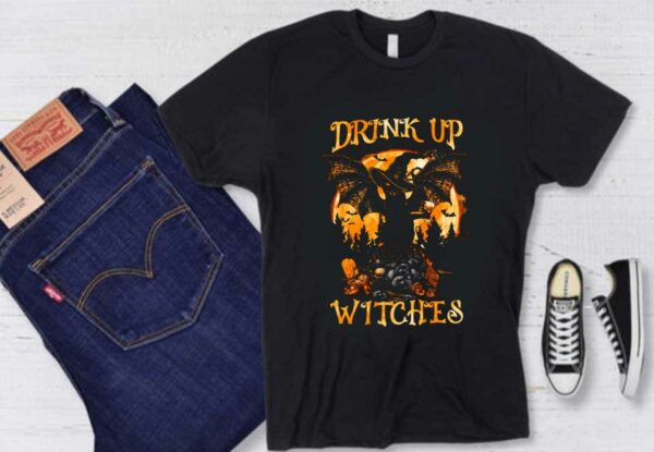 Cat Witch Dragon Moon Pumpkins Skull Halloween Shirt, Cat Dragon Drink Up Witches Shirt