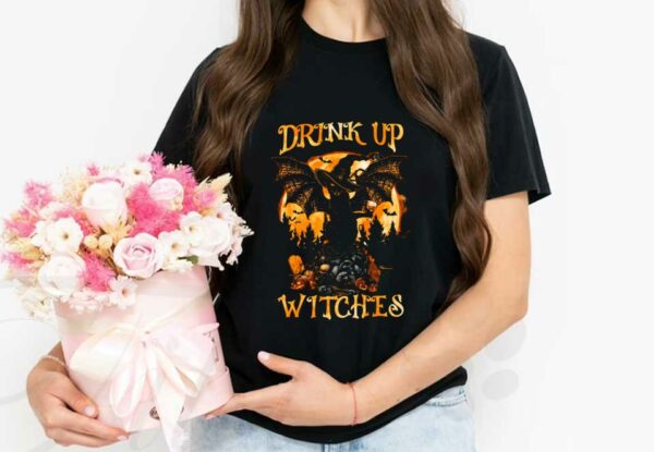 Cat Witch Dragon Moon Pumpkins Skull Halloween Shirt, Cat Dragon Drink Up Witches Shirt