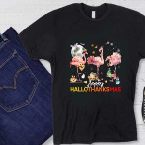 Flamingo Witch Santa Claus Christmas Shirt, Flamingo Happy Hallothanksmas Shirt