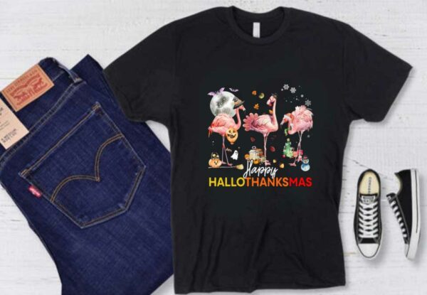 Flamingo Witch Santa Claus Christmas Shirt, Flamingo Happy Hallothanksmas Shirt