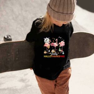 Flamingo Witch Santa Claus Christmas Shirt, Flamingo Happy Hallothanksmas Shirt