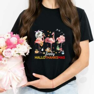 Flamingo Witch Santa Claus Christmas Shirt, Flamingo Happy Hallothanksmas Shirt 2
