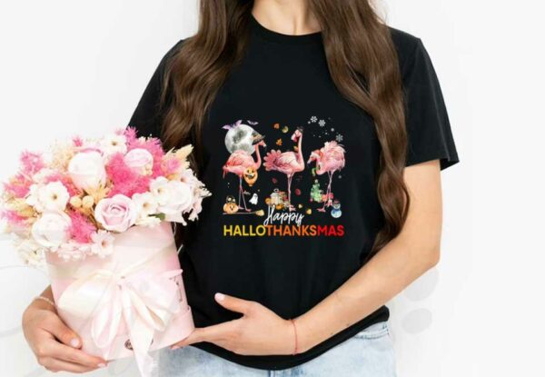 Flamingo Witch Santa Claus Christmas Shirt, Flamingo Happy Hallothanksmas Shirt