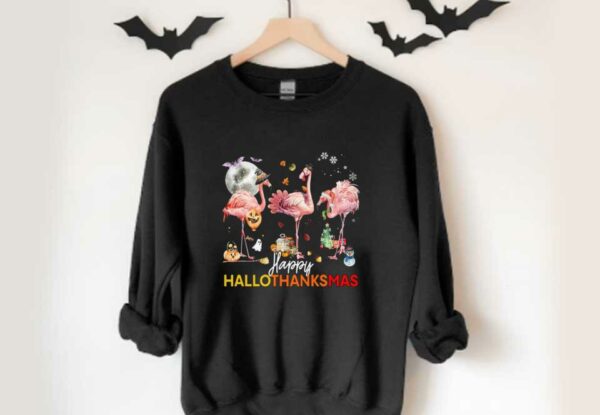 Flamingo Witch Santa Claus Christmas Shirt, Flamingo Happy Hallothanksmas Shirt