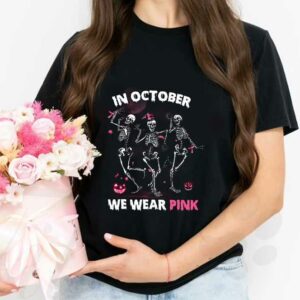 In October Skeleton Witch Pumpkins We Wear Pink, In October We Wear Pink Shirt 2