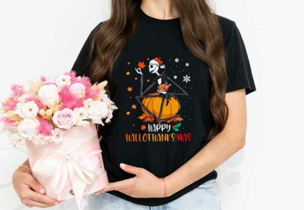 Jack Skellington Santa Pumpkins Hallothanksmas Shirt, Jack Skellington With Santa Hat Happy Hallothanksmas Shirt