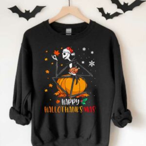 Jack Skellington Santa Pumpkins Hallothanksmas Shirt, Jack Skellington With Santa Hat Happy Hallothanksmas Shirt 3