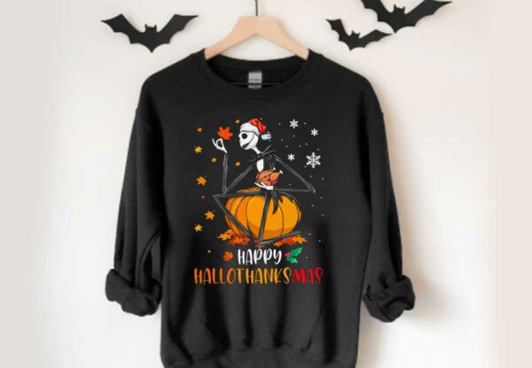 Jack Skellington Santa Pumpkins Hallothanksmas Shirt, Jack Skellington With Santa Hat Happy Hallothanksmas Shirt