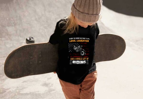 Love Laughter Riding Flag Shirt, This Marriage Run On Love Laughter And A Whole Lot Of Riding American Flag Shirt