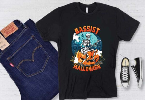 Skeleton Bassist Shirt, Skeleton Play Guitar Bassist Pumpkins Halloween Shirt, Skeleton Boos Bassist Halloween Shirt